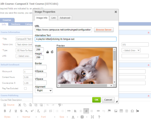 Screenshot of CampusCE admin updating image alt text